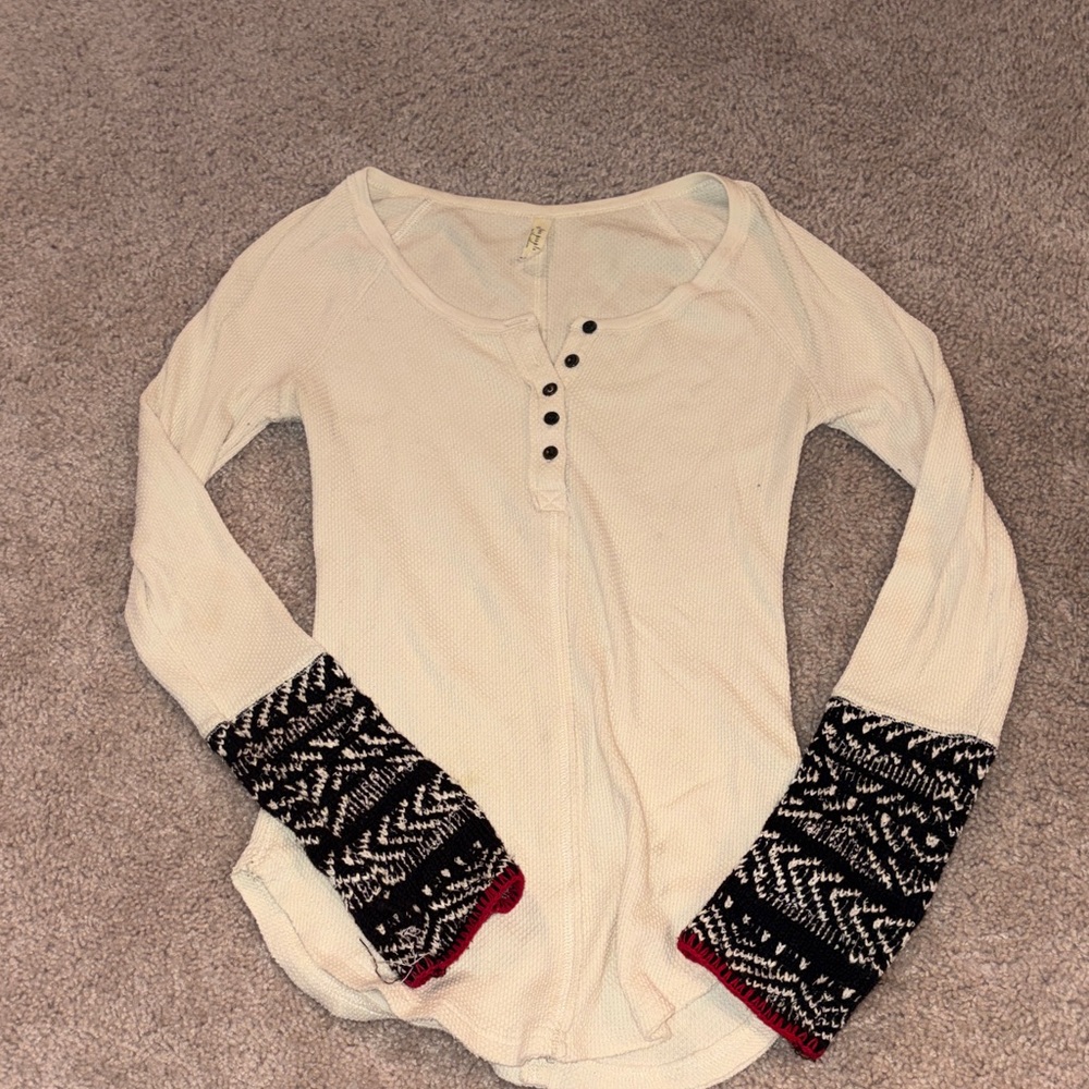 Free People Cream Henley with Black and Red Patterned Sleeves